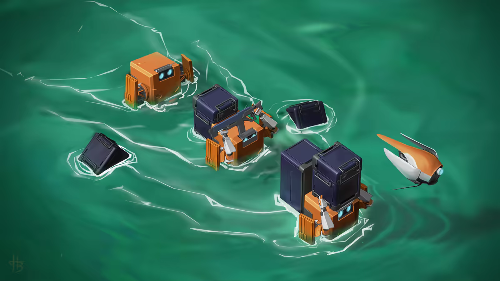 Mission: Emission concept art: a convoy of orange mechs carrying dark cargo crates wades through green floodwater, escorted by an orange drone.